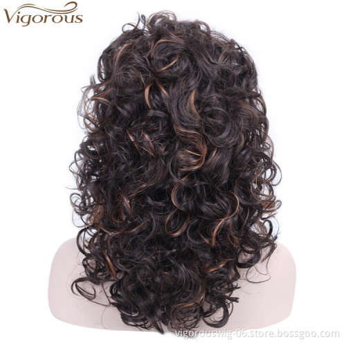 Vigorous Medium Long Curly Black Mixed Light Brown Synthetic Wigs With Bangs For Black Women Glueless Heat Resistant Hair Wigs